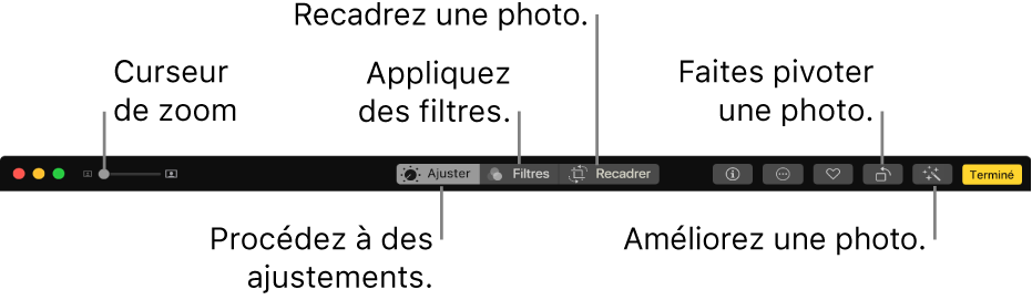 La barre d’outils d’édition affichant un curseur de zoom ainsi que les boutons permettant de réaliser les ajustements, d’ajouter des filtres, de recadrer les photos, de les faire pivoter et de les améliorer.