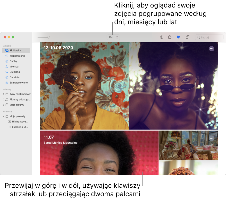 Okno aplikacji Zdjęcia. Na pasku narzędzi wybrany jest widok dni. W głównej części okna widoczne są zdjęcia uporządkowane według dni.