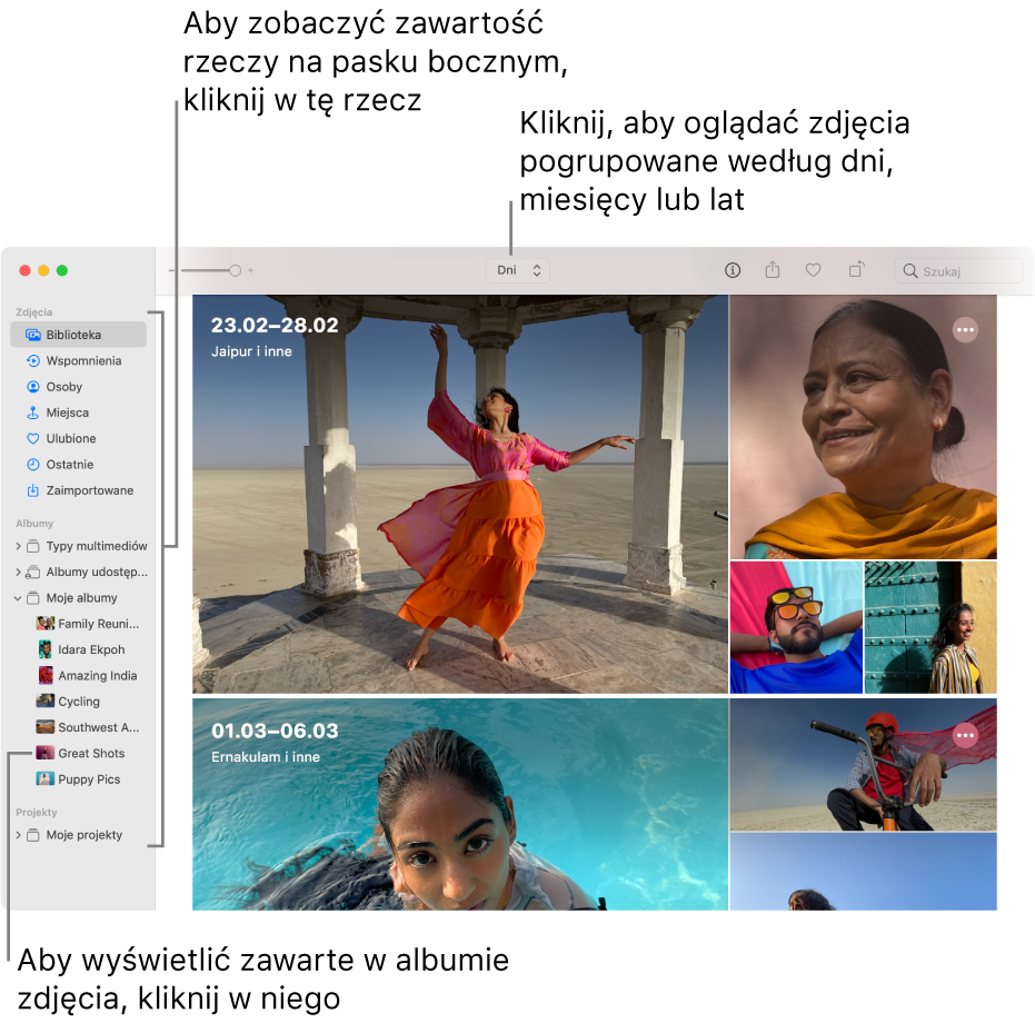 Okno aplikacji Zdjęcia. Na pasku narzędzi wybrany jest widok dni. W głównej części okna widoczne są zdjęcia uporządkowane według dni.