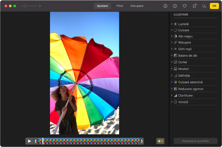 Un clip video în vizualizarea de editare, având dedesubt un glisor care afișează cadrele clipului video. Butonul Difuzor și butonul Redă sunt în stânga glisorului, iar în dreapta este panoul Ajustare, care arată opțiunile de ajustare.