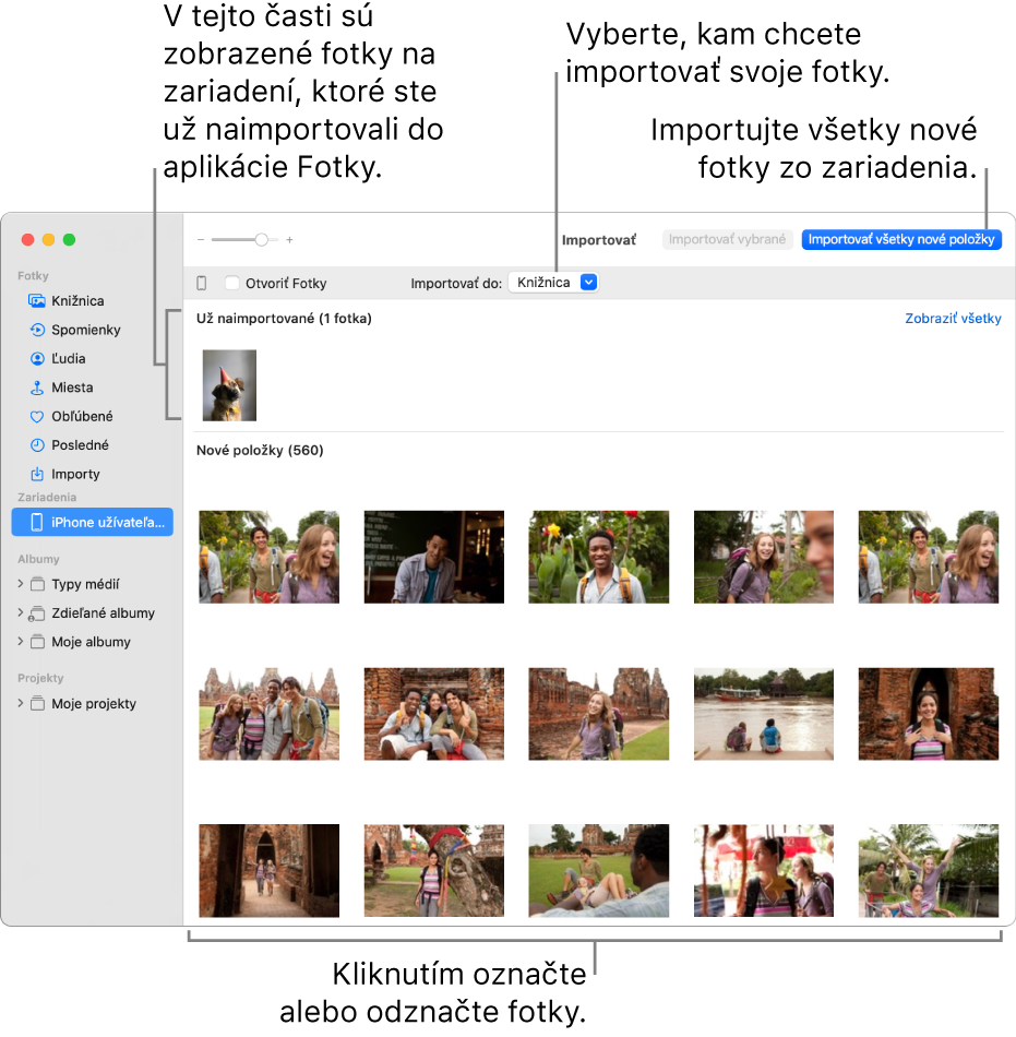Fotky v zariadení, ktoré ste už naimportovali, sa zobrazia v hornej časti panela a nové fotky sú v spodnej časti. V hornej časti v strede je vyskakovacie menu Importovať do. Tlačidlo Importovať všetky nové položky je v pravom hornom rohu.