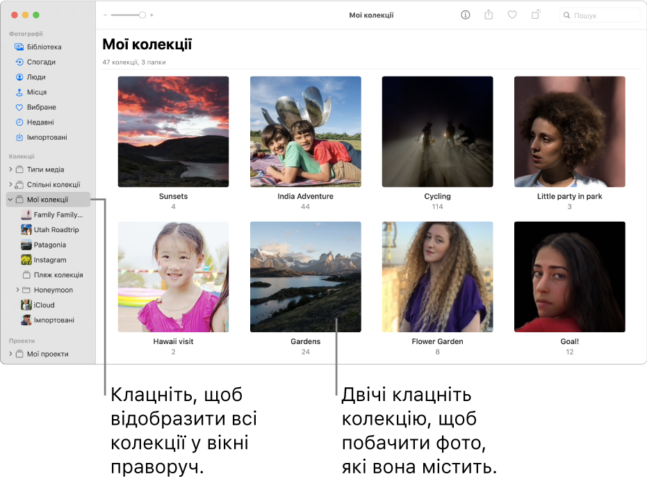Вікно Фотографій, на боковій панелі вибрано папку «Мої альбоми», а створені вами альбоми відображаються у вікні праворуч.