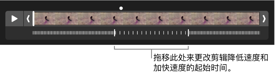 包含控制柄的慢动作视频剪辑,您可以拖移控制柄以更改视频减速和再次加速的位置。
