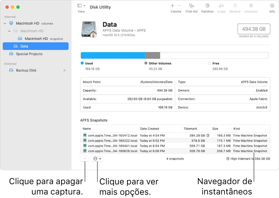 Uma janela do Utilitário de Discos a mostrar o navegador de instantâneos.