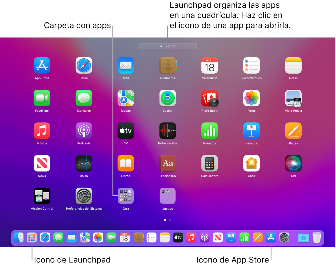 Una pantalla de Mac con Launchpad abierto, donde se muestra una carpeta de apps en Launchpad y los iconos de Launchpad y de App Store en el Dock.