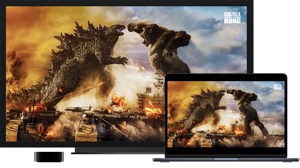 MacBook Air, jonka sisältö on peilattu suurelle HDTV:lle Apple TV:n avulla.