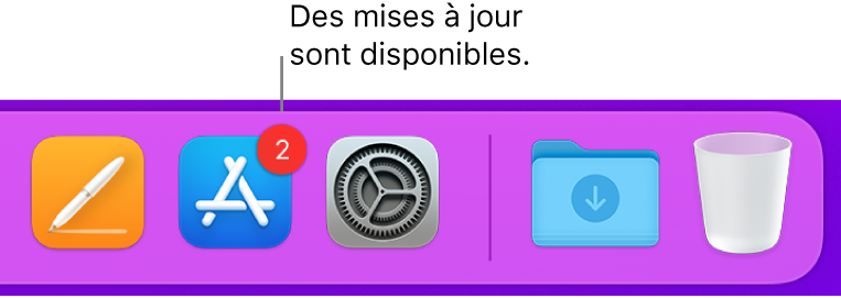 Section du Dock affichant l’icône de l’App Store avec une pastille, ce qui indique que des mises à jour sont disponibles.