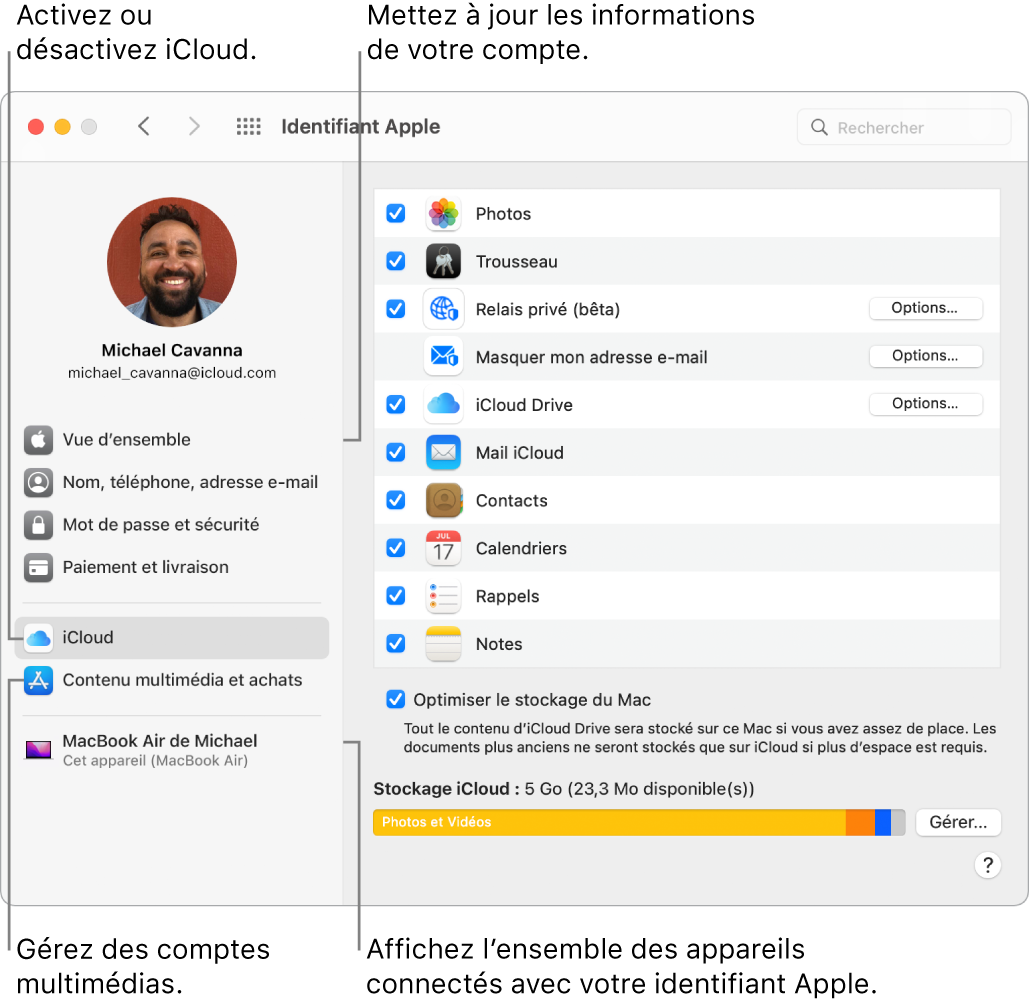 La sous-fenêtre « Identifiant Apple » de « Préférences Système ». Cliquez sur un élément de la barre latérale pour mettre à jour les données de votre compte, activer ou désactiver iCloud, gérer les comptes multimédias et voir tous les appareils connectés avec votre identifiant Apple.