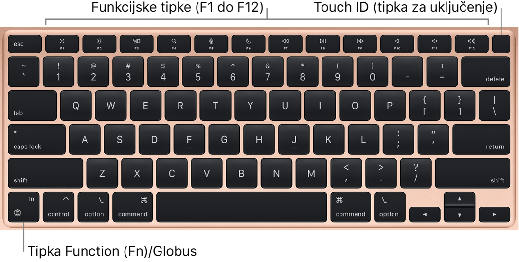 MacBook Air tipkovnica pokazuje red funkcijskih tipki i Touch ID tipku za uključivanje preko vrha i Funkciju (Fn) u donjem lijevom kutu.