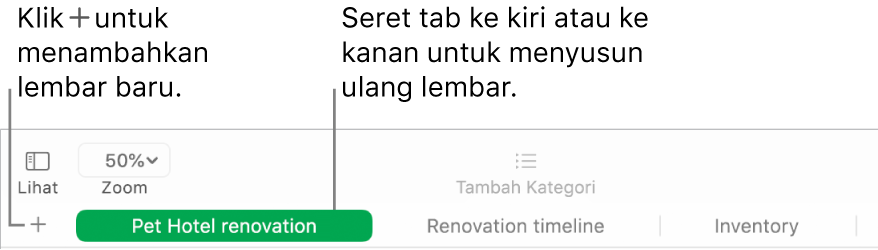 Jendela Numbers menampilkan cara untuk menambah lembar baru dan menyusun ulang lembar.
