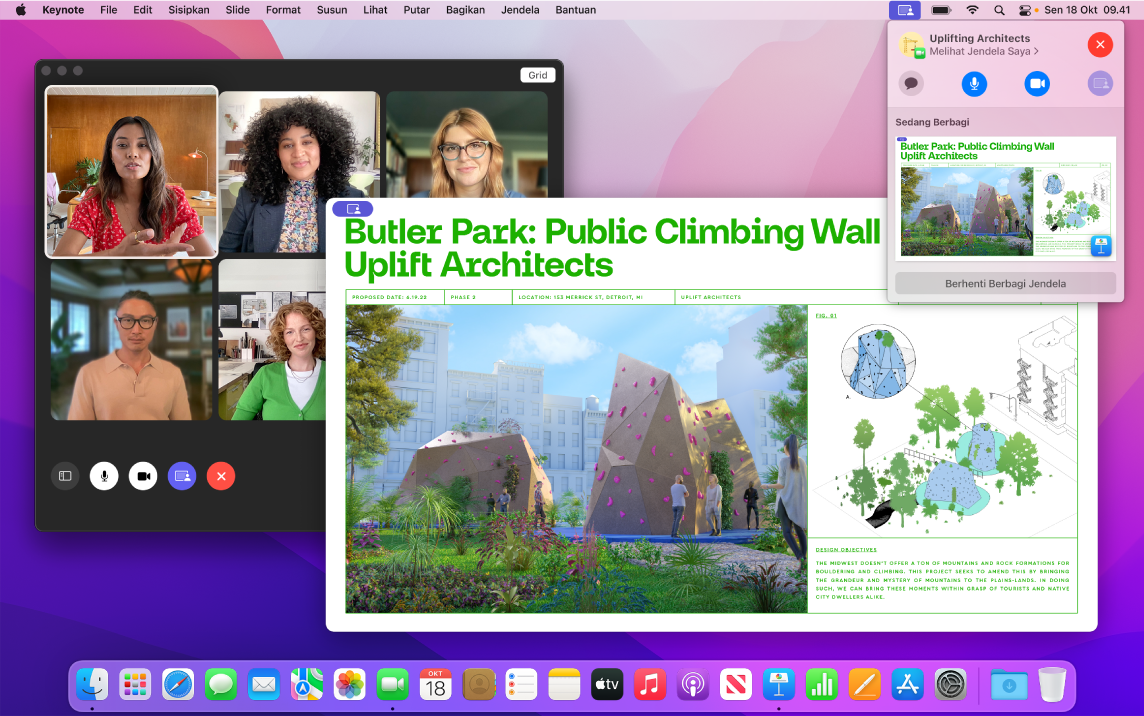 Pengalaman berbagi app dengan grup peserta FaceTime, jendela Keynote terbuka yang sedang mereka lihat, dan jendela yang lebih kecil dengan kontrol SharePlay.