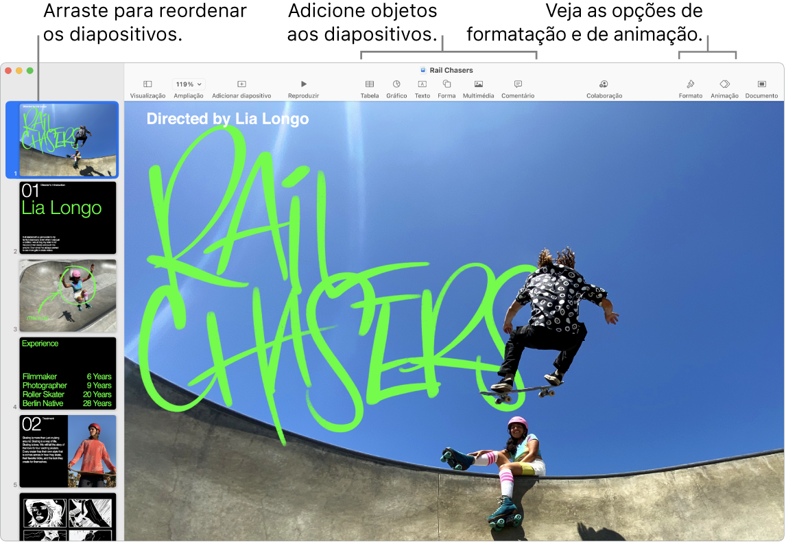 Uma janela do Keynote a mostrar o navegador de diapositivos à esquerda e como reordenar diapositivos, a barra de ferramentas e as respetivas ferramentas de edição na parte superior, o botão Colaborar na parte superior direita e os botões Formato e Animação à direita.