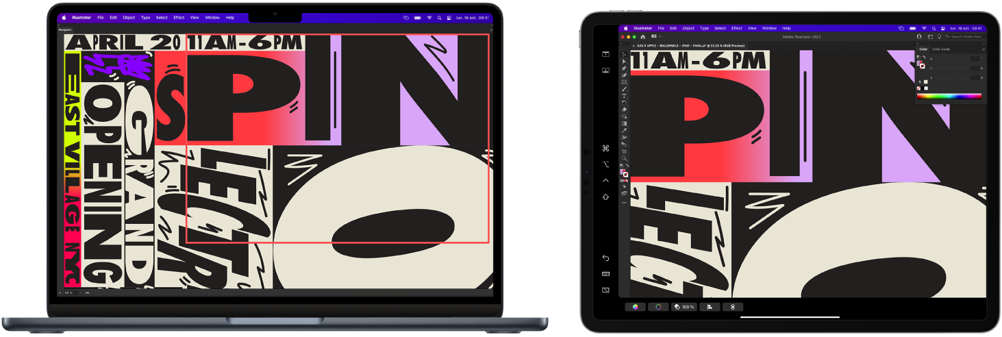 Un MacBook Air și un iPad sunt alăturate. MacBook Air-ul afișează ilustrația în fereastra de navigație din Illustrator. iPad-ul afișează aceeași ilustrație în fereastra documentului din Illustrator, înconjurată de bare de instrumente.