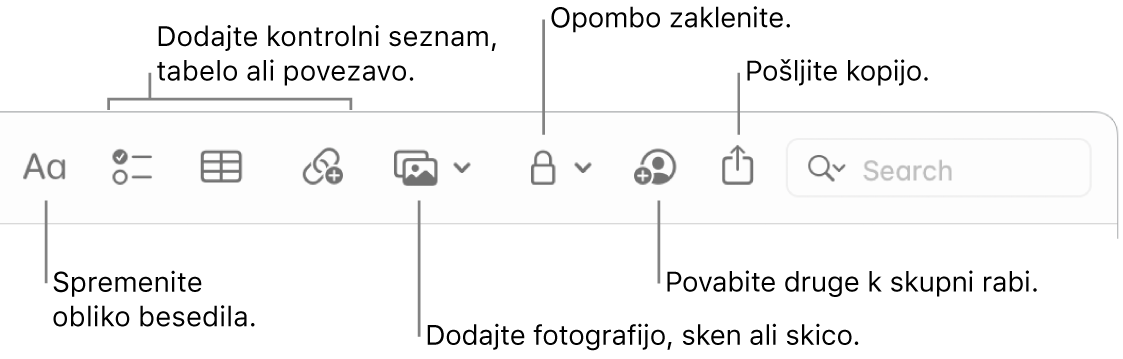 Orodna vrstica Notes z oblački za obliko besedila, kontrolni seznam, tabelo, povezavo, fotografije/medije, zaklenite, delite in pošljite orodja za kopiranje.