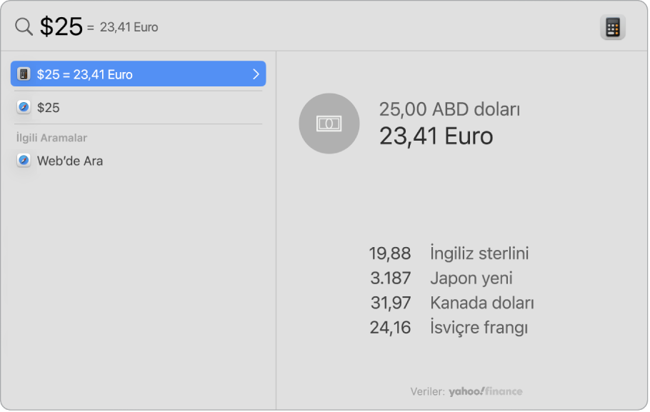 Dönüşüm için en iyi eşleşen bir sonuç ve seçilebilecek birçok başka sonuçla dolardan pesoya dönüştürmeyi gösteren bir ekran resmi.