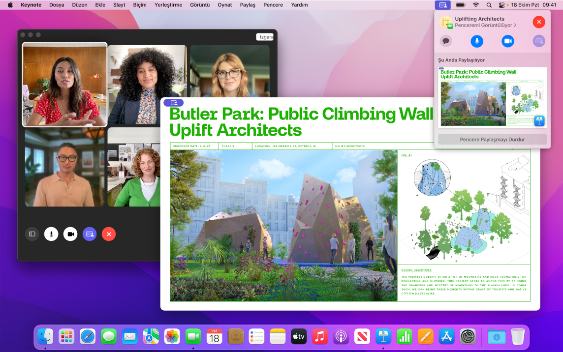 Bir FaceTime katılımcıları grubu, görüntüledikleri açın bir Keynote penceresi ve SharePlay denetimleri bulunan daha küçük bir pencere ile bir uygulama paylaşma deneyimi.