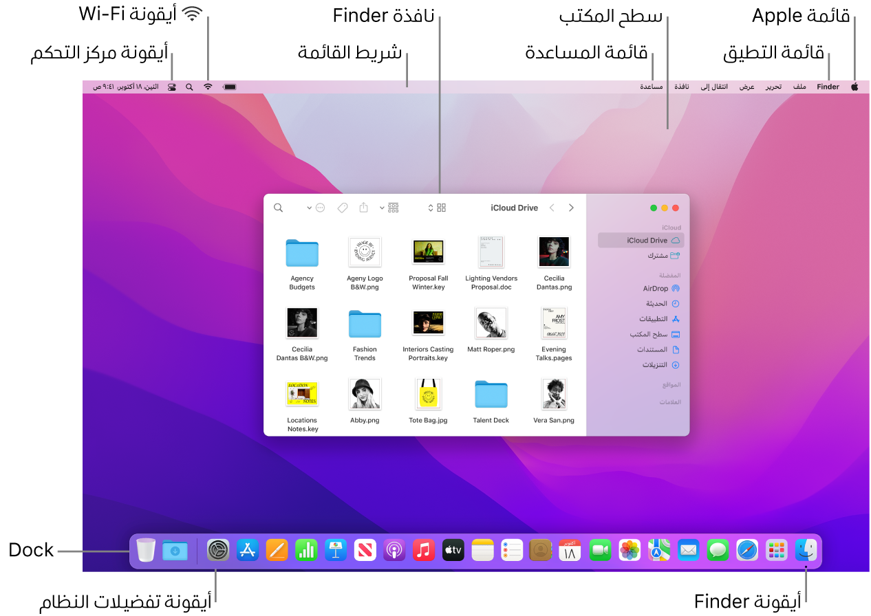 شاشة Mac تعرض قائمة Apple وسطح المكتب وقائمة المساعدة ونافذة Finder وشريط القائمة وأيقونة Wi-Fi وأيقونة مركز التحكم وأيقونة Finder وأيقونة تفضيلات النظام والـ Dock.