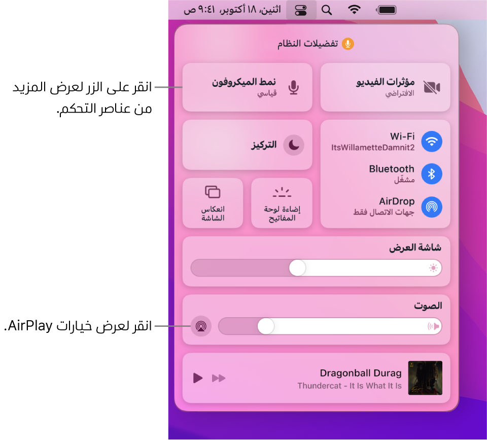 عرض مُكبَّر لمركز التحكم على الـ Mac به وسيلة شرح لزر شاشة العرض.