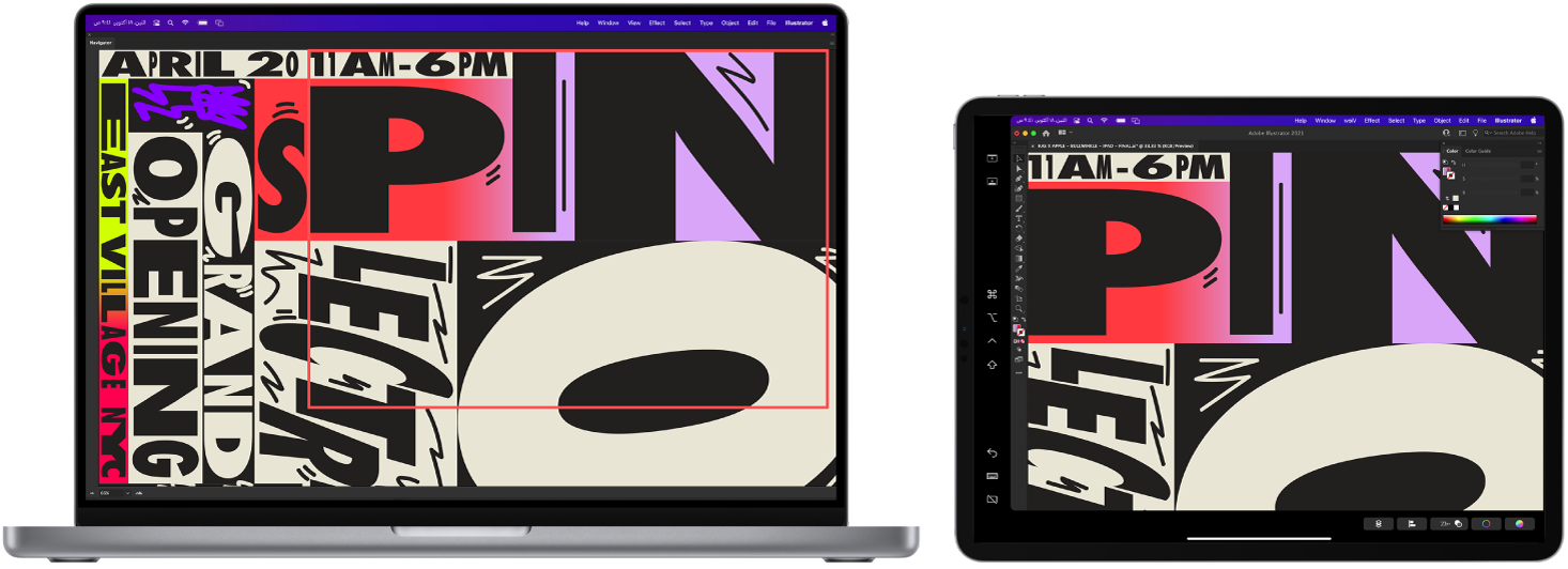 جهاز MacBook Pro و iPad جنبًا إلى جنب. يعرض الـ MacBook Pro عملاً فنيًا داخل نافذة المستكشف في Illustrator. يعرض الـ iPad نفس العمل الفني في نافذة مستند في Illustrator، محاطًا بأشرطة أدوات.