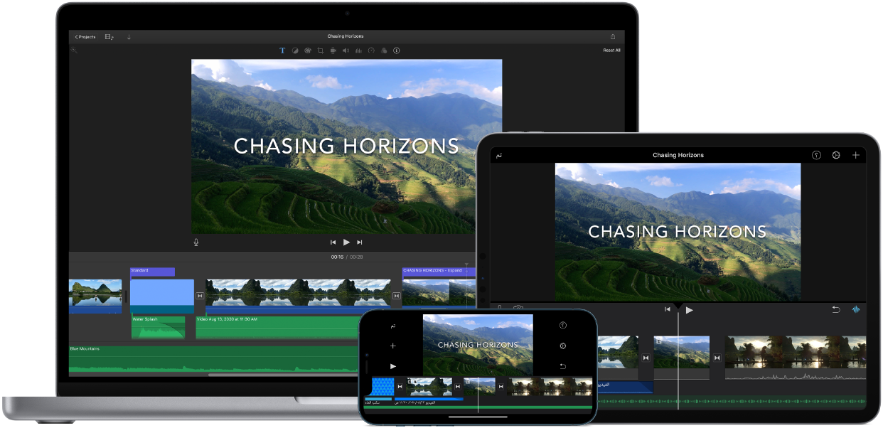 محتوى متماثل معروض على MacBook Pro وiPad وiPhone.