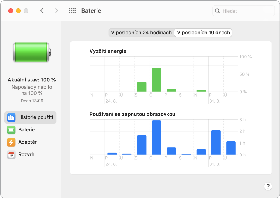 Okno historie využití baterie s vybranou volbou V posledních 10 dnech