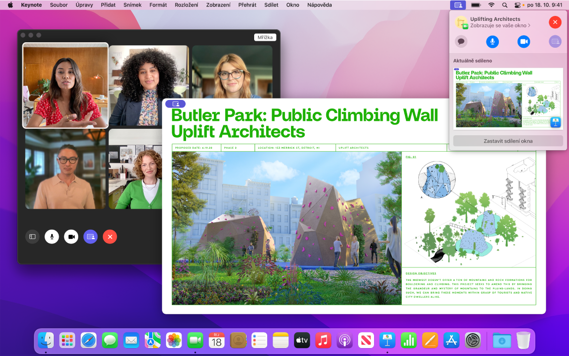 Sdílení obsahu aplikace ve skupině účastníků FaceTime hovoru, otevřené okno Keynote, které si prohlížejí, a menší okno s ovládacími prvky SharePlay