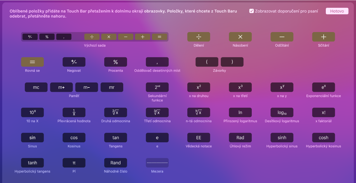 Položky na Touch Baru Kalkulačky, které můžete přizpůsobit přetažením na Touch Bar