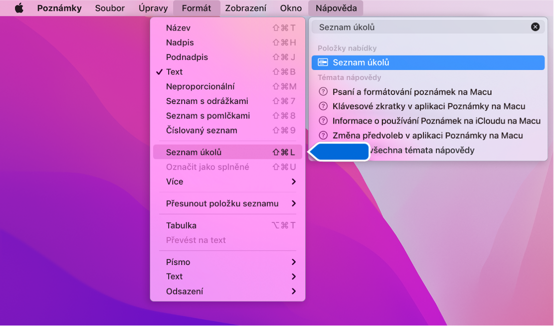Nabídka nápovědy s hledáním textu „seznam“ a se zvýrazněným příkazem „Seznam s odrážkami“ v seznamu výsledků a v nabídce Formát