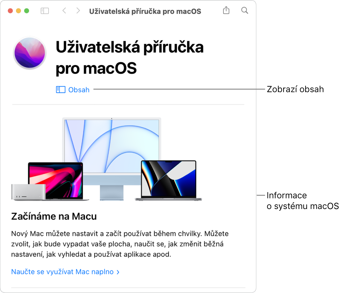 Úvodní stránka Uživatelské příručky pro macOS s odkazem na obsah