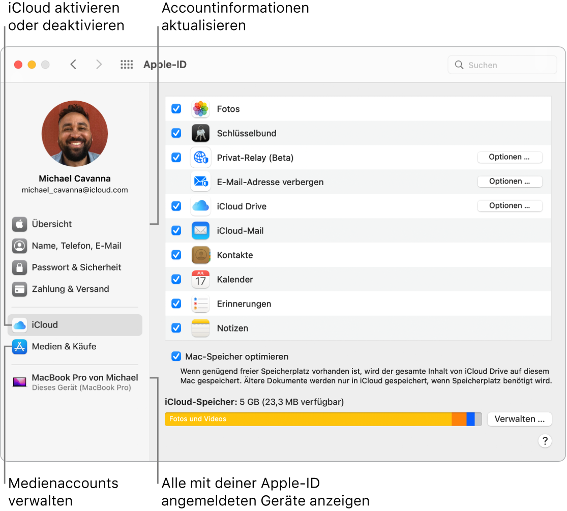 Der Bereich „Apple-ID“ der Systemeinstellungen. Klicke auf ein Objekt in der Seitenleiste, um deine Accountinformationen zu aktualisieren, iCloud zu aktivieren oder zu deaktivieren, Medienaccounts zu verwalten oder alle mit deiner Apple-ID angemeldeten Geräte anzuzeigen.