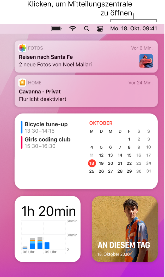 Die Mitteilungszentrale mit Mitteilungen und Widgets für die Apps „Fotos“, „Home“, „Kalender“ und „Bildschirmzeit“.
