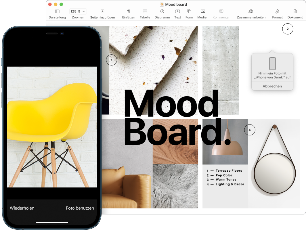 Ein iPhone, auf dem ein Foto, und ein Mac-Bildschirm, auf dem ein Pages-Dokument mit einem Hinweisfeld mit dem Speicherort des Fotos zu sehen ist.