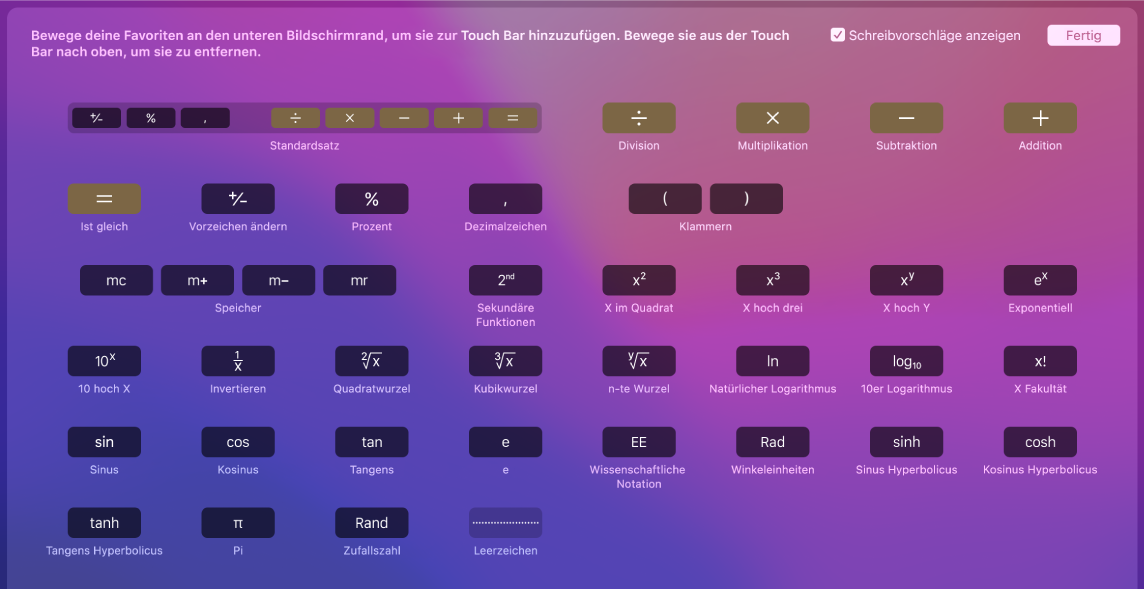 Du kannst die Objekte in der Touch Bar „Rechner“ anpassen, indem du die gewünschten Objekte in die Touch Bar ziehst.