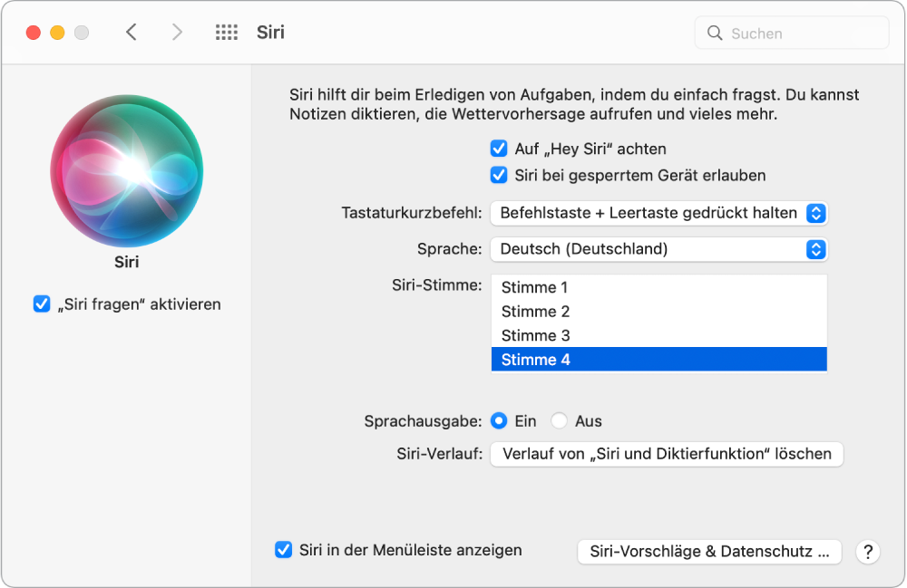Das Fenster der Systemeinstellung „Siri“ mit ausgewählter Option „„Siri fragen“ aktivieren“ links und mehreren Optionen zum Anpassen von Siri rechts, u. a. „Auf „Hey Siri“ achten“.