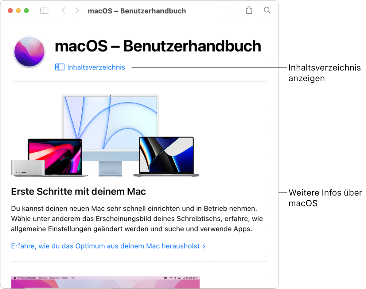 Die Startseite des macOS – Benutzerhandbuchs mit dem Link zum Inhaltsverzeichnis