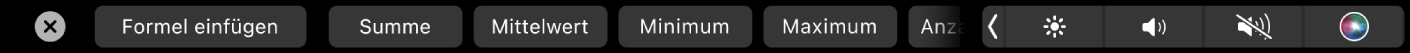 Die Numbers-Touch Bar mit angezeigten Tasten für Formeln Dazu gehören „Summe“, „Durchschnitt“, „Minimum“ und „Maximum“.