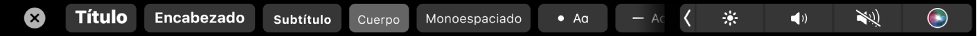 Touch Bar de Notas con botones para elegir estilos de párrafo incluyendo Título, Encabezado y Cuerpo, y también botones para agregar opciones de lista incluyendo viñetas, guiones y números.
