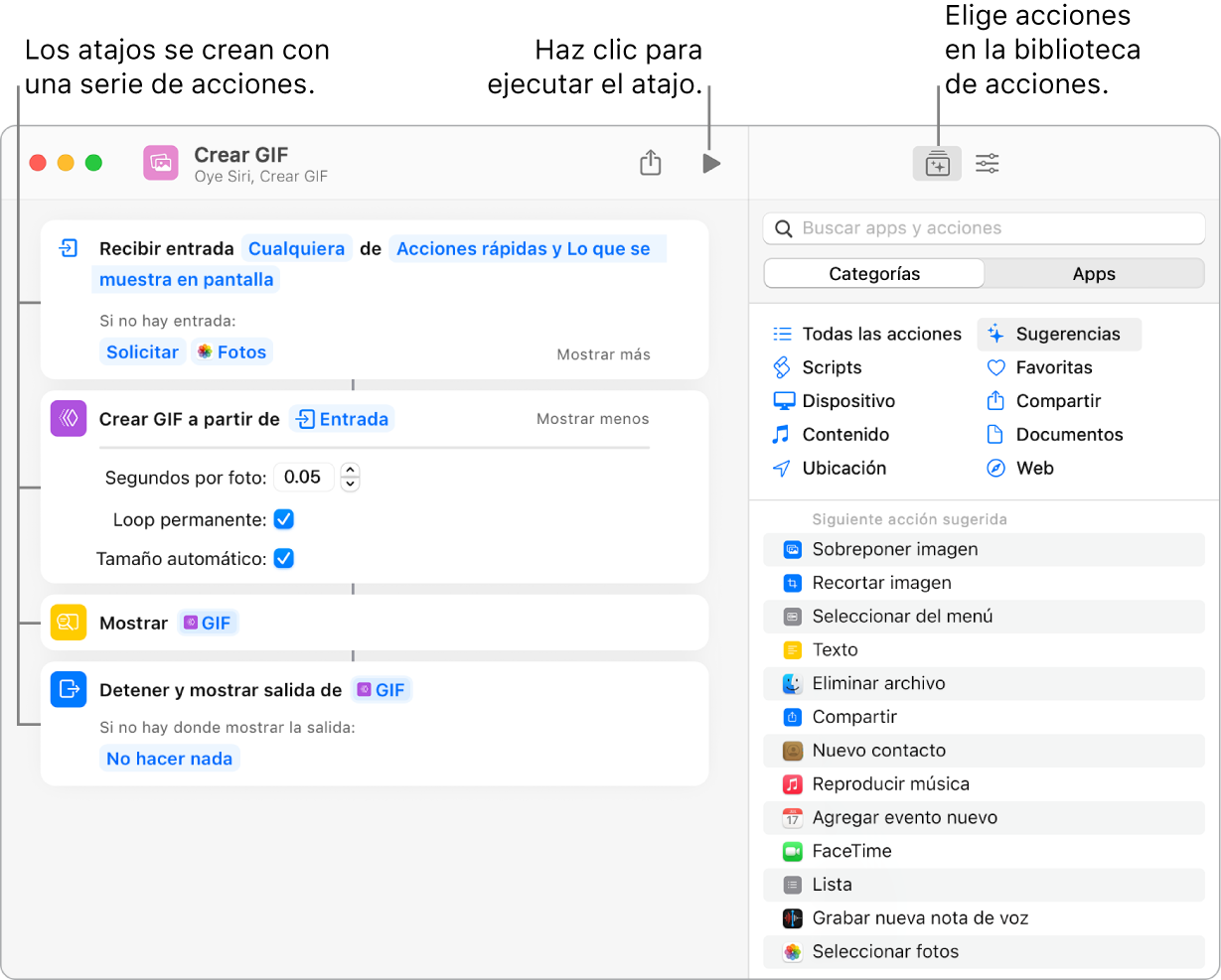 El editor de atajos “Crear GIF” en la parte izquierda y la biblioteca de acciones en la derecha.
