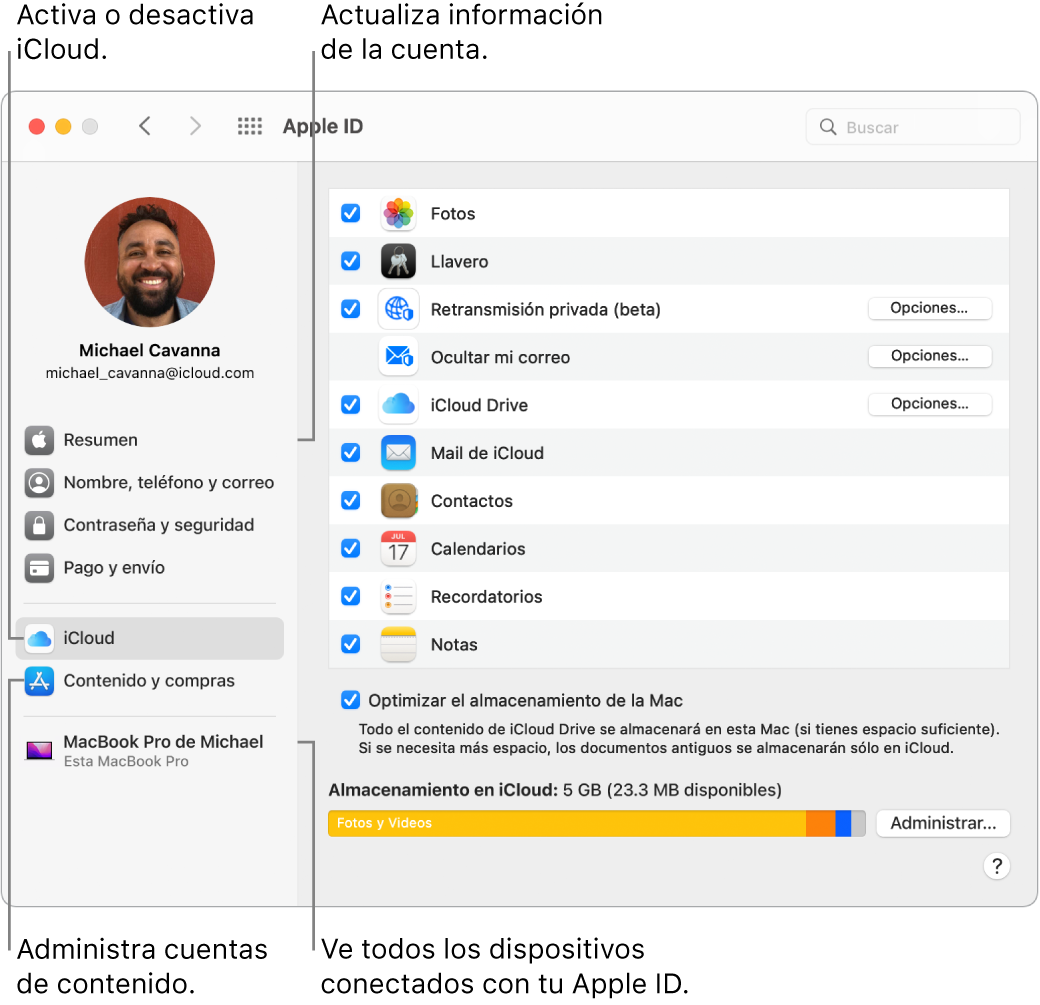 El panel Apple ID de Preferencias del Sistema. Haz clic en un elemento en la barra lateral para actualizar la información de tu cuenta, activar o desactivar iCloud, administrar cuentas de contenido o ver todos los dispositivos en los que has iniciado sesión con tu Apple ID.