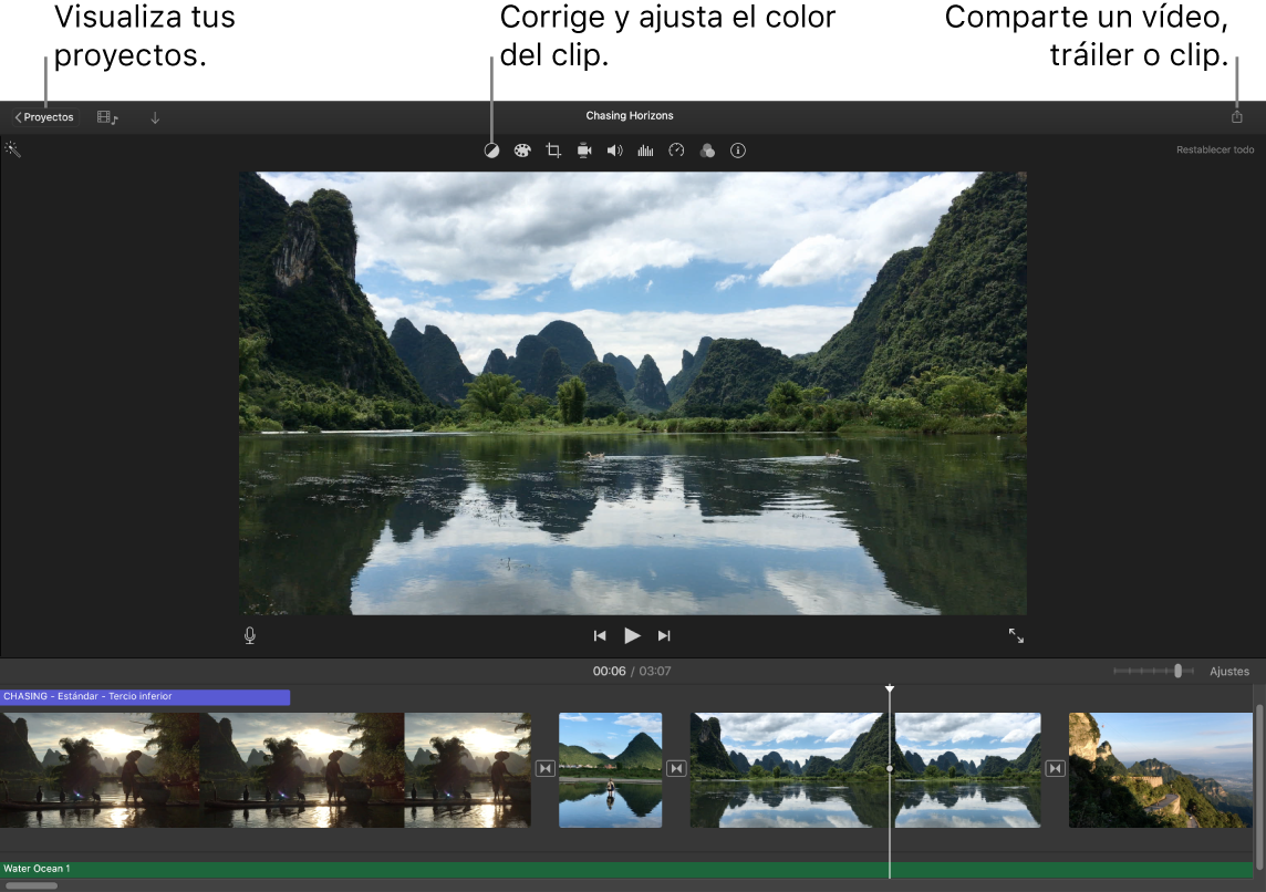 Una ventana de iMovie con los botones para ver proyectos, corregir y ajustar el color, y compartir la película, el tráiler o el fragmento de vídeo.