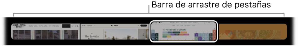 La barra de arrastre de pestañas de la Touch Bar de Safari. Muestra una pequeña previsualización de cada pestaña abierta.