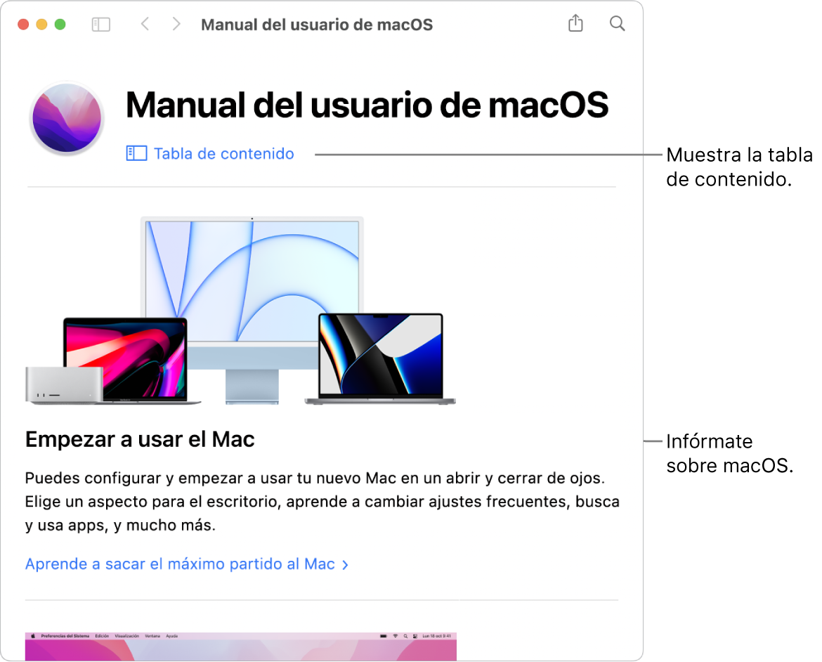 Página de bienvenida del Manual de uso de macOS con el enlace de la tabla de contenido.