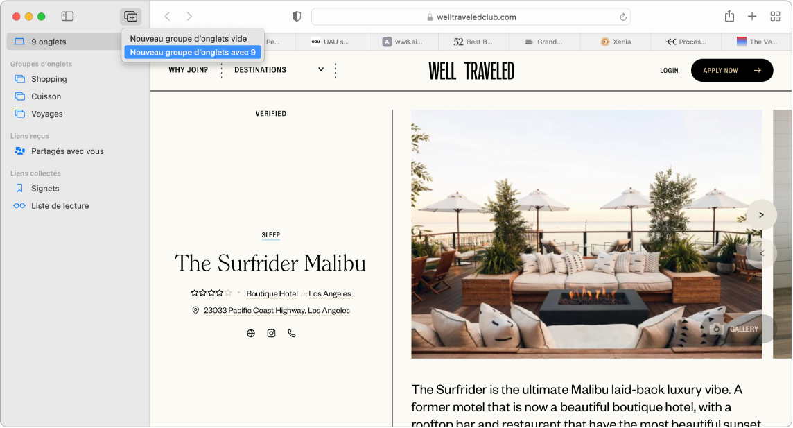 Une page Safari montrant la barre latérale ouverte, avec le menu « Groupe d’onglets », ainsi que les éléments de la barre latérale Groupes d’onglets, Liens reçus (Partagé avec vous) et Liens collectés (Signets, Liste de lecture).