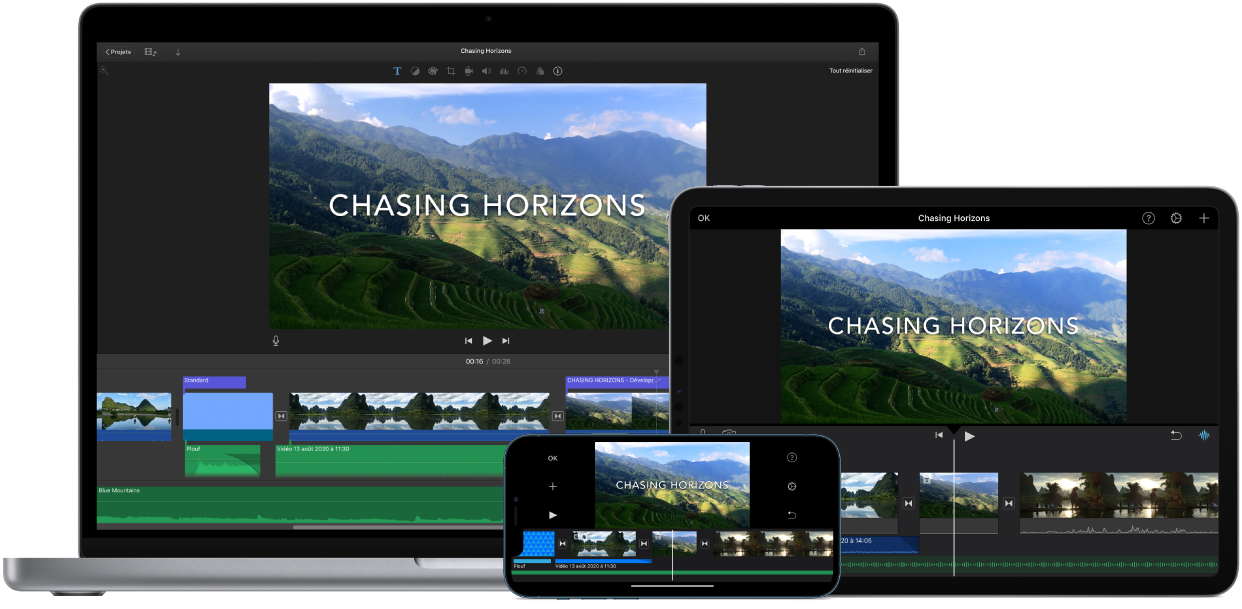 Contenu identique affiché sur un MacBook Pro, un iPad et un iPhone.