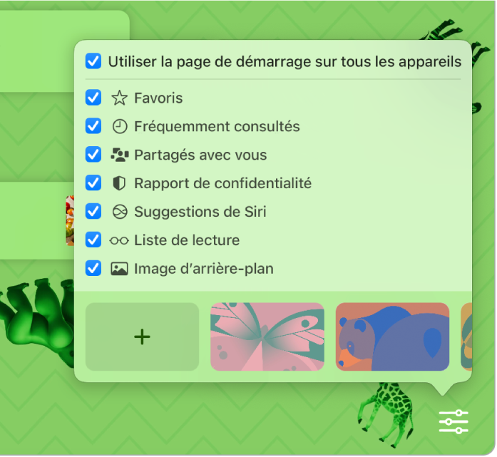 Le menu local Personnaliser de Safari avec les cases à cocher suivantes : Favoris, Fréquemment consultés, Rapport de confidentialité, Suggestions de Siri, Liste de lecture et Image d’arrière-plan.