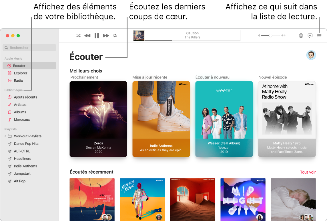 La fenêtre de l’app Musique indiquant comment afficher votre bibliothèque, écouter Apple Music et voir le prochain morceau.