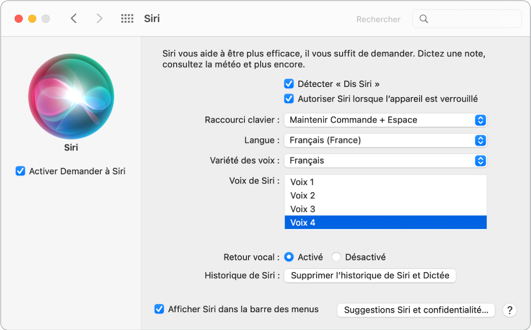 La fenêtre des préférences Siri, avec l’option Activer Demander à Siri sélectionnée à gauche et plusieurs options pour personnaliser Siri à droite, notamment Détecter « Dis Siri ».