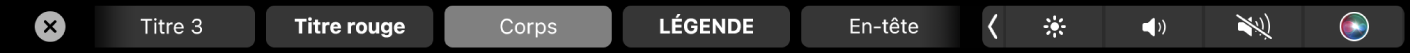 Touch Bar de Pages affichant des styles de mise en forme de paragraphe, notamment Titre, Sous-section et Légende.