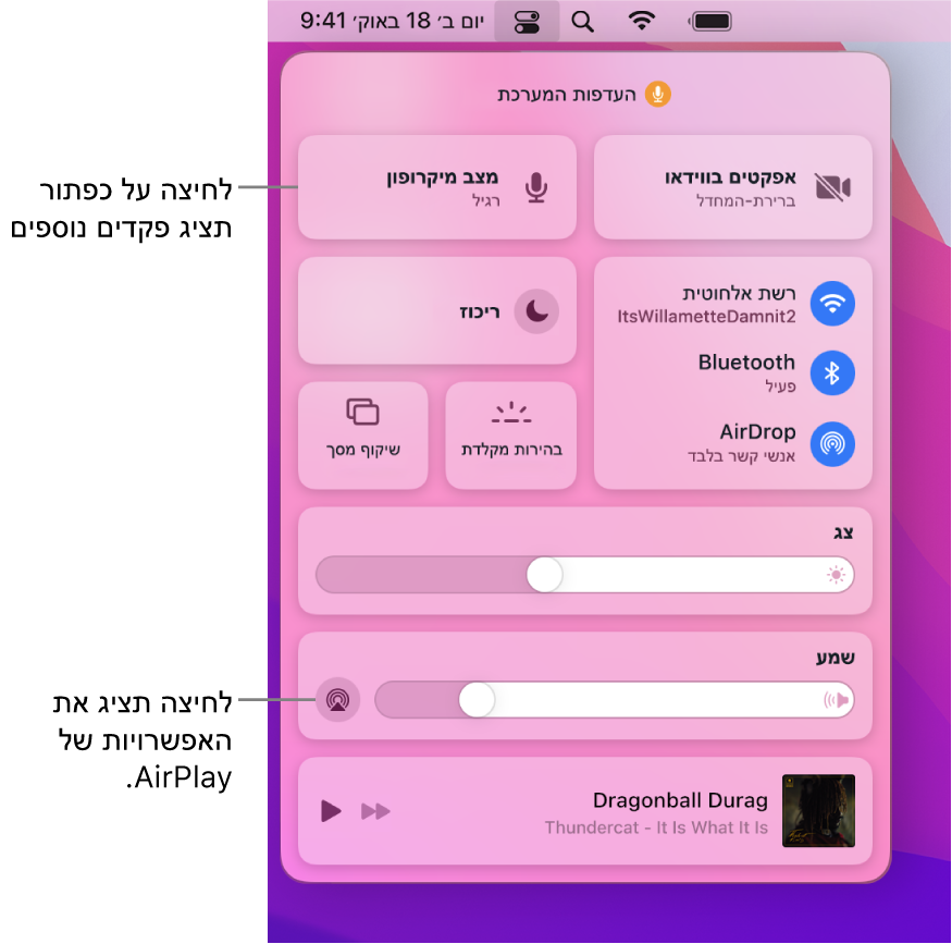 תצוגה מוגדלת של “מרכז הבקרה” ב-Mac, עם הסבר לכפתור “צג”.