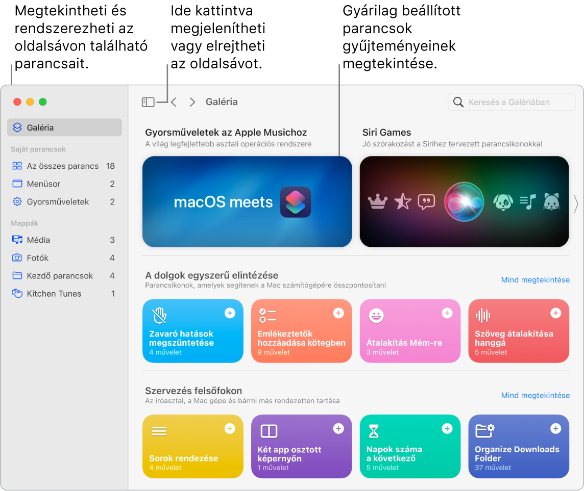 A Parancsok ablaka a megnyitott oldalsávval a bal, valamint a Galériával a jobb oldalon. Az Oldalsáv gomb és a navigációs nyilak a bal felső sarokban találhatók a Galéria fölött, míg a keresőmező a jobb felső sarokban található.